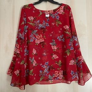 CABi red floral blouse w/flutter sleeve, size XL